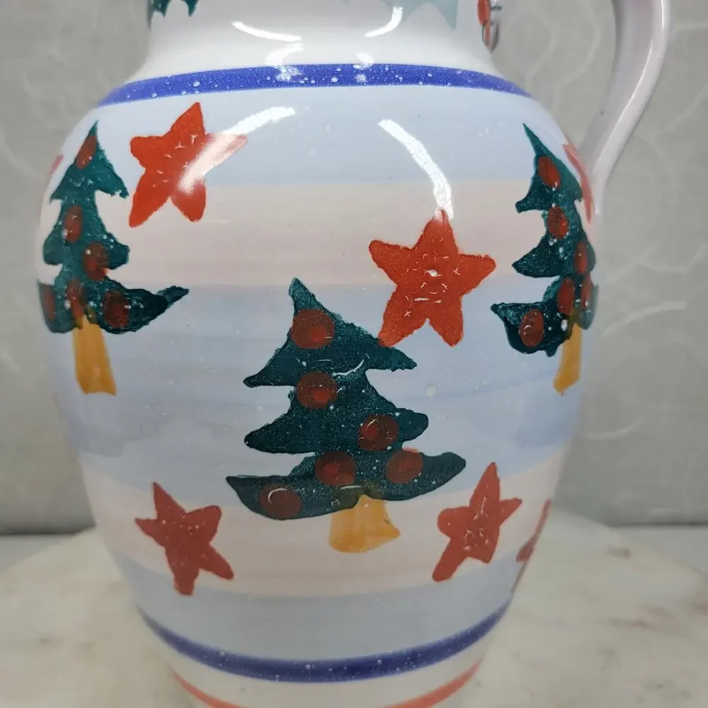 Pier 1 Italian Ceramic Pitcher Hand Painted Christmas Trees Floral Stars